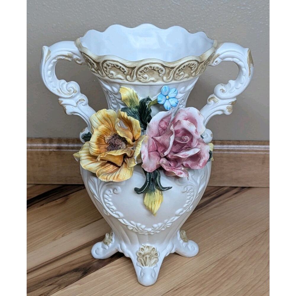 Vintage Capodimonte Double Handled Vase with Pink & Yellow Flowers Made in Italy